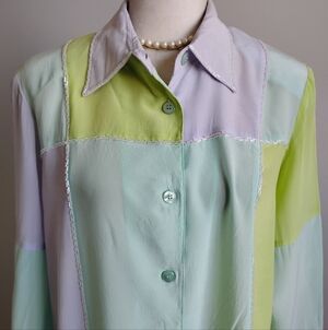 Diane Gilman Silk Beaded Button Up Blouse Pastel Chartreuse Lilac Size Medium